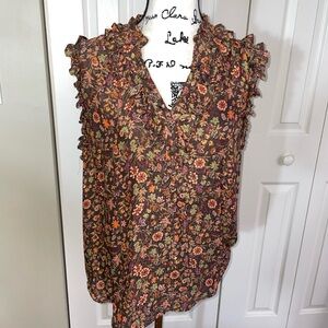 DEMOCRACY Blouse Ditsy Brown FloraL Ruffle Front Sleeveless Popover Size XL